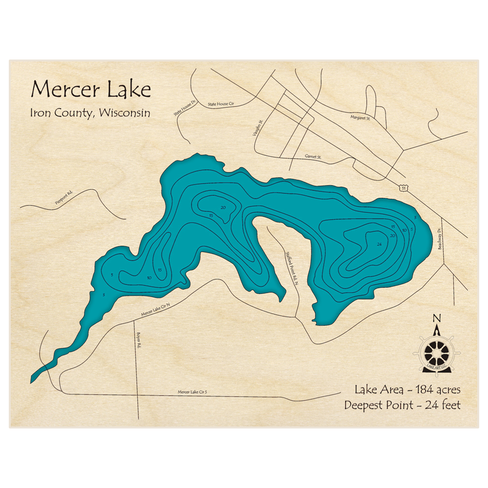 Mercer Lake 3D Custom Wood Map – Lake Art LLC