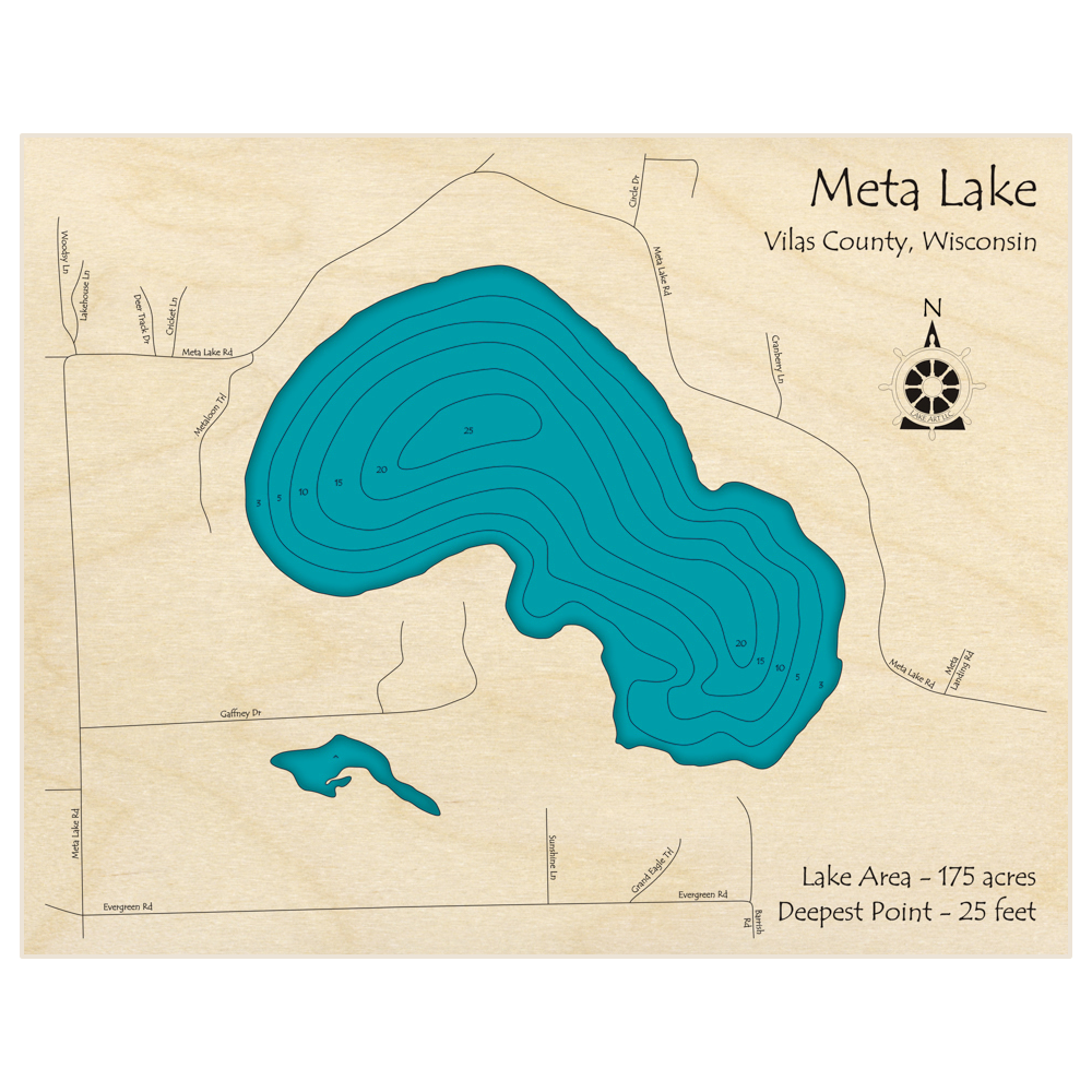 Bathymetric topo map of Meta Lake with roads, towns and depths noted in blue water