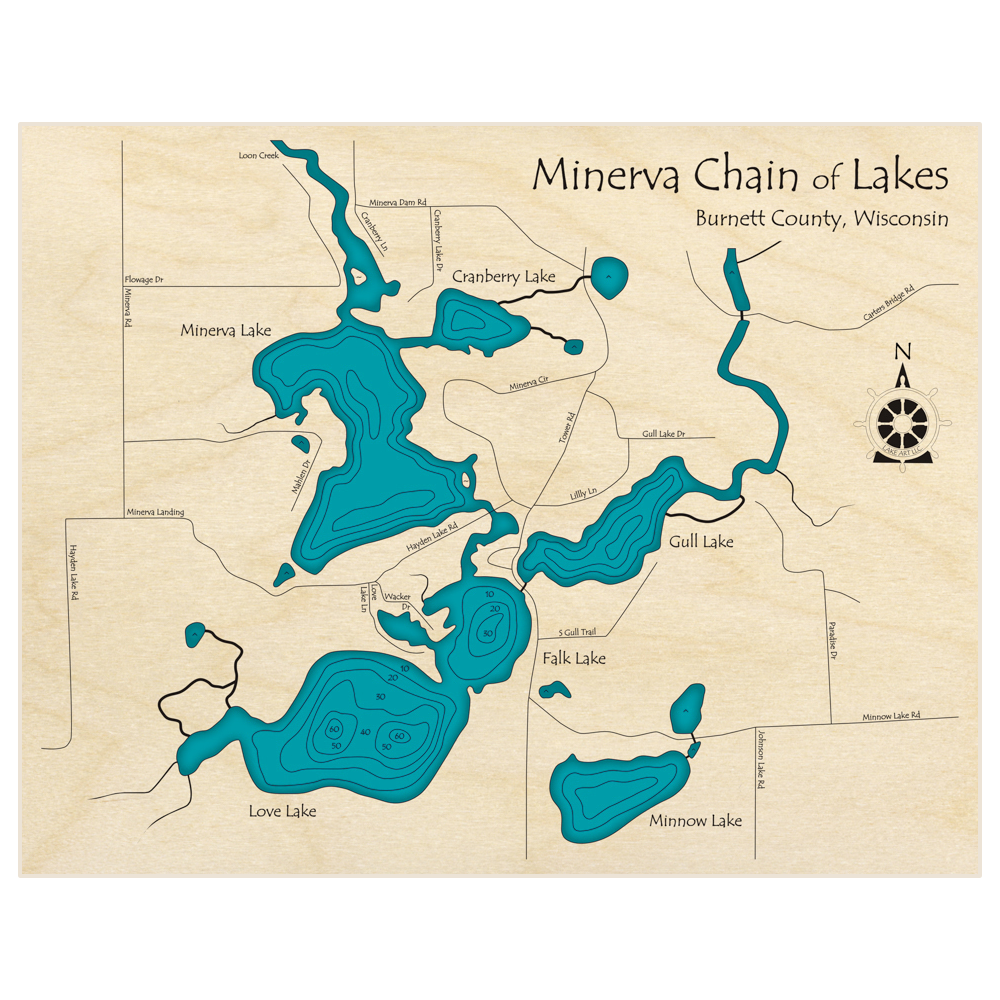 Bathymetric topo map of Minerva Chain of Lakes with roads, towns and depths noted in blue water