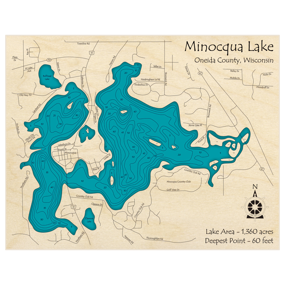 Bathymetric topo map of Minocqua Lake with roads, towns and depths noted in blue water