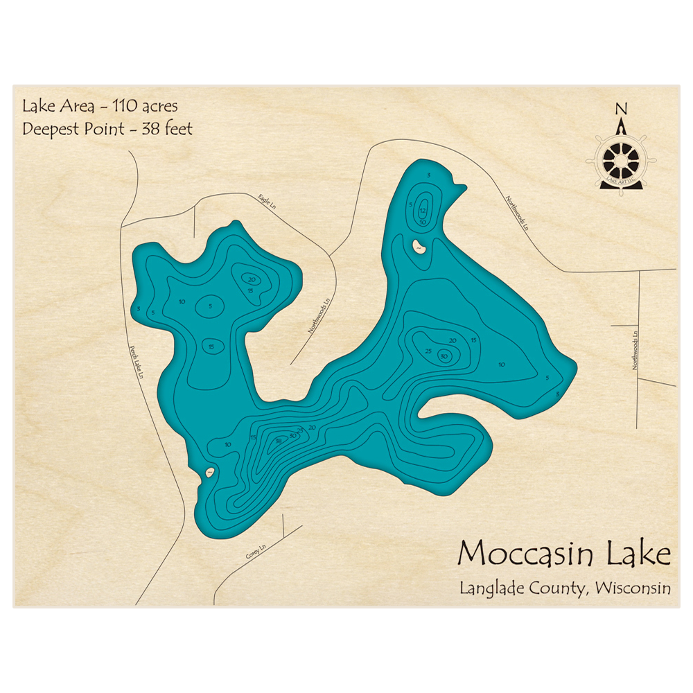 Bathymetric topo map of Moccasin Lake with roads, towns and depths noted in blue water