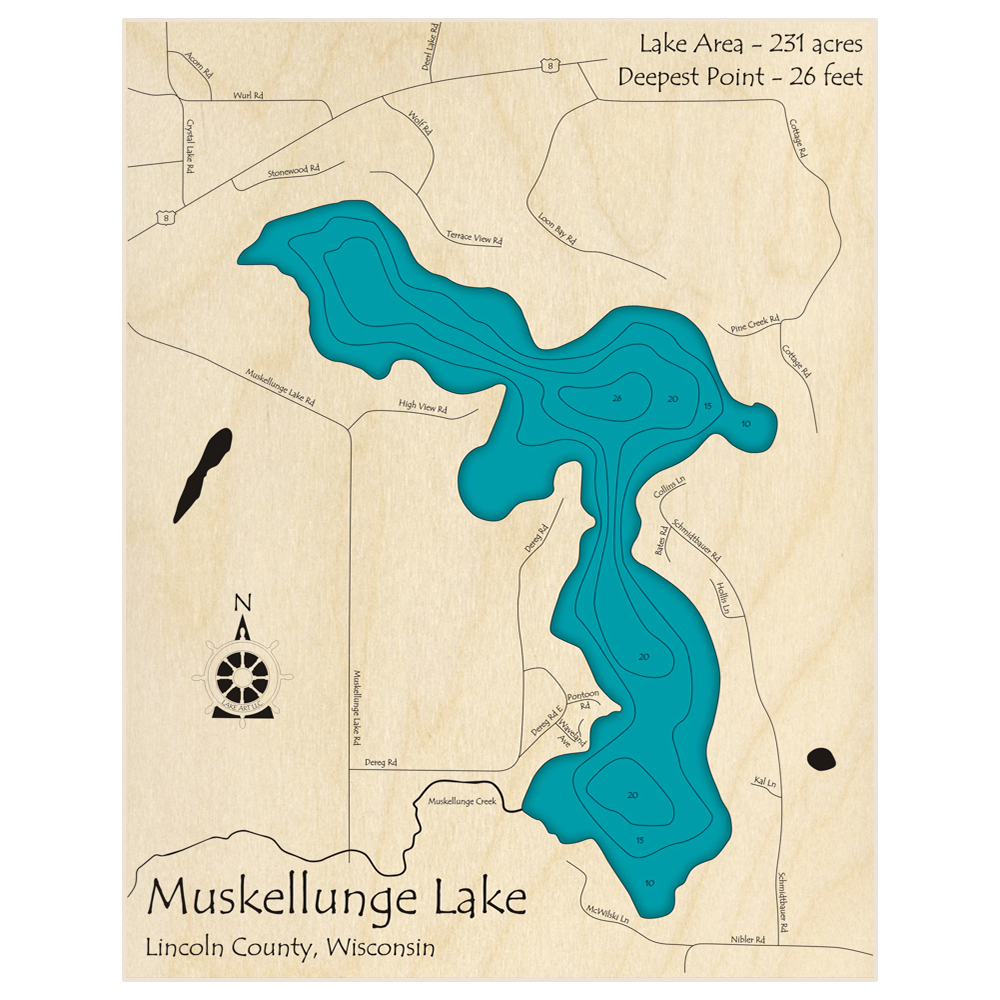 Bathymetric topo map of Muskellunge Lake with roads, towns and depths noted in blue water