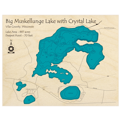 Bathymetric topo map of Big Muskellunge Lake with Crystal Lake with roads, towns and depths noted in blue water