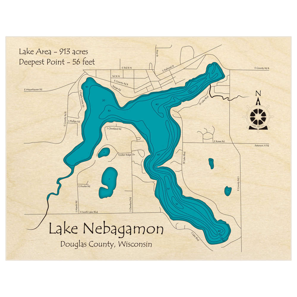 Bathymetric topo map of Lake Nebagamon with roads, towns and depths noted in blue water