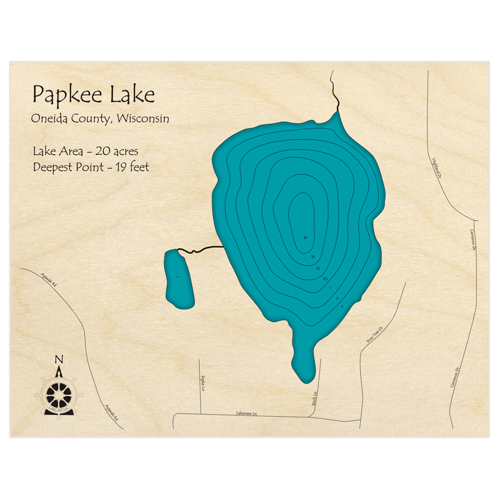 Bathymetric topo map of Papkee Lake with roads, towns and depths noted in blue water