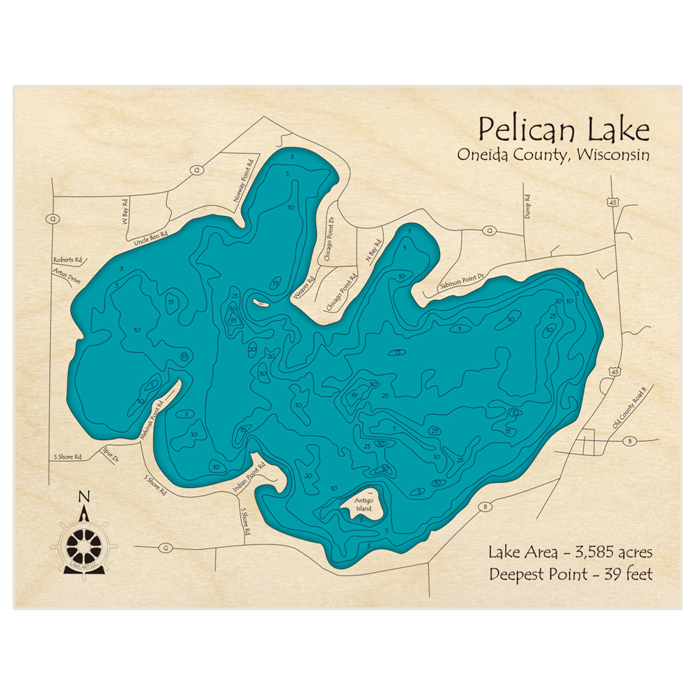 Bathymetric topo map of Pelican Lake with roads, towns and depths noted in blue water