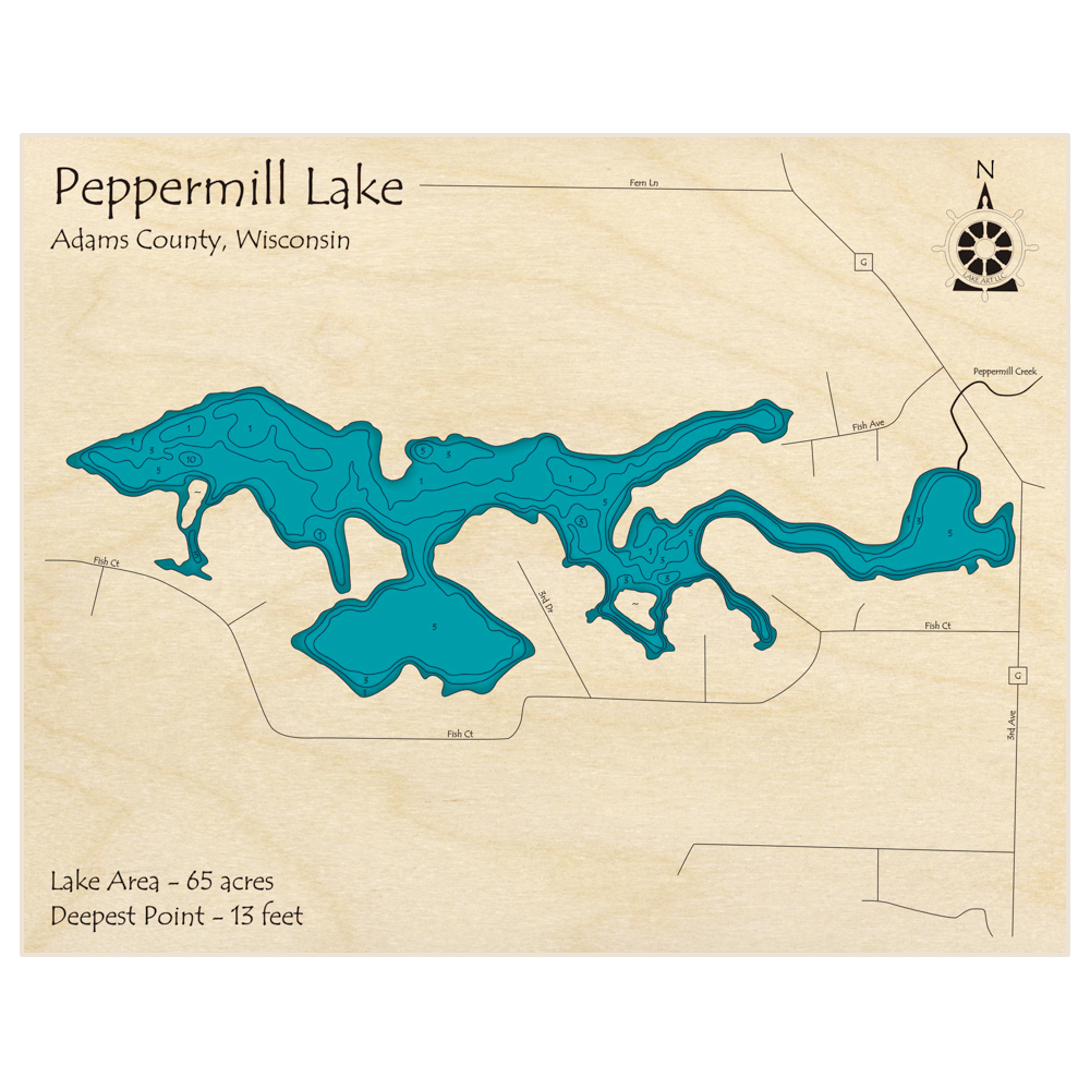 Bathymetric topo map of Peppermill Lake with roads, towns and depths noted in blue water