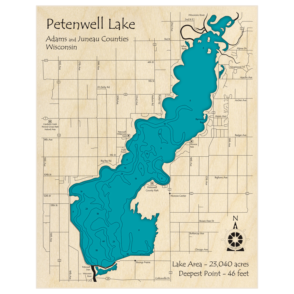 Bathymetric topo map of Petenwell Lake with roads, towns and depths noted in blue water