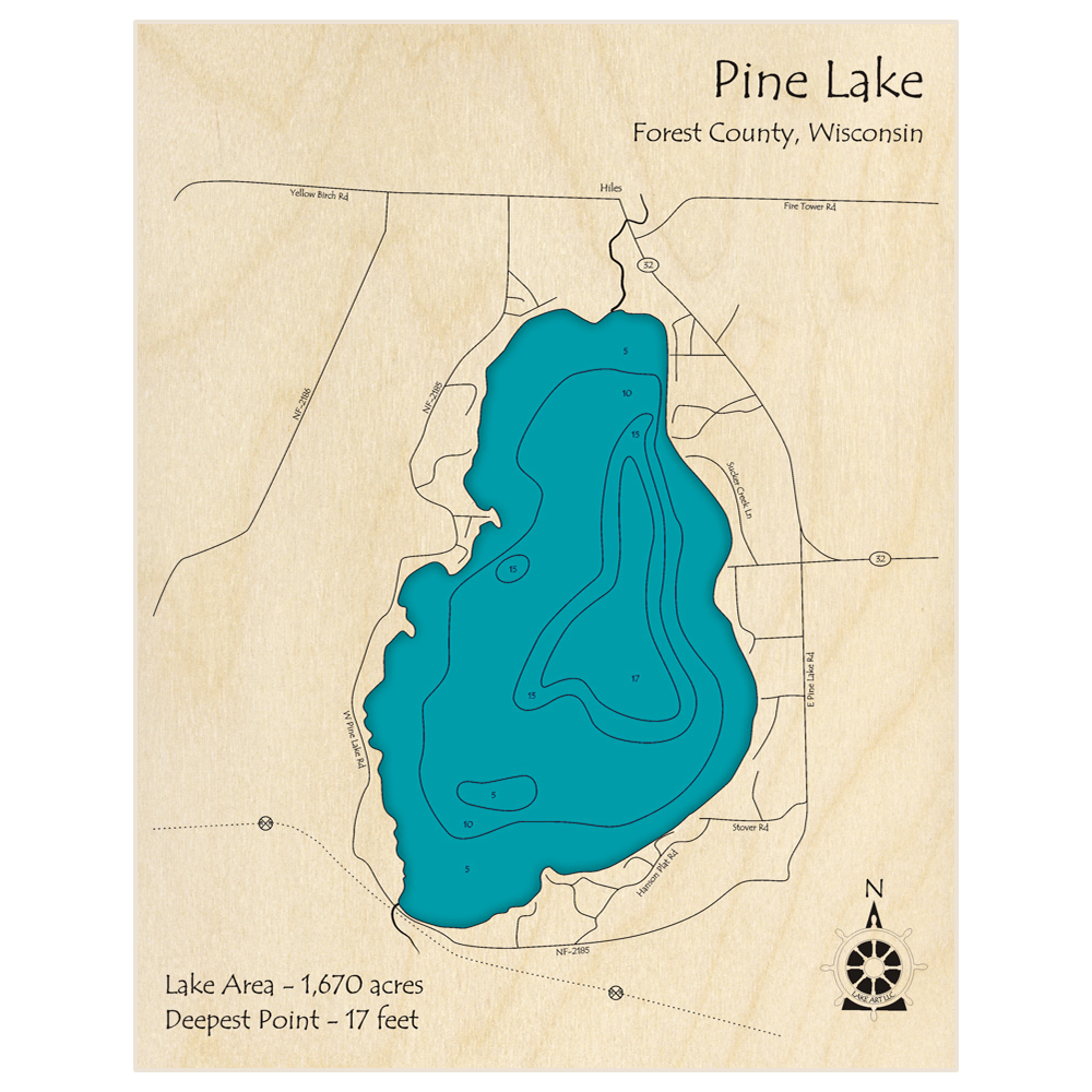 Bathymetric topo map of Pine Lake with roads, towns and depths noted in blue water