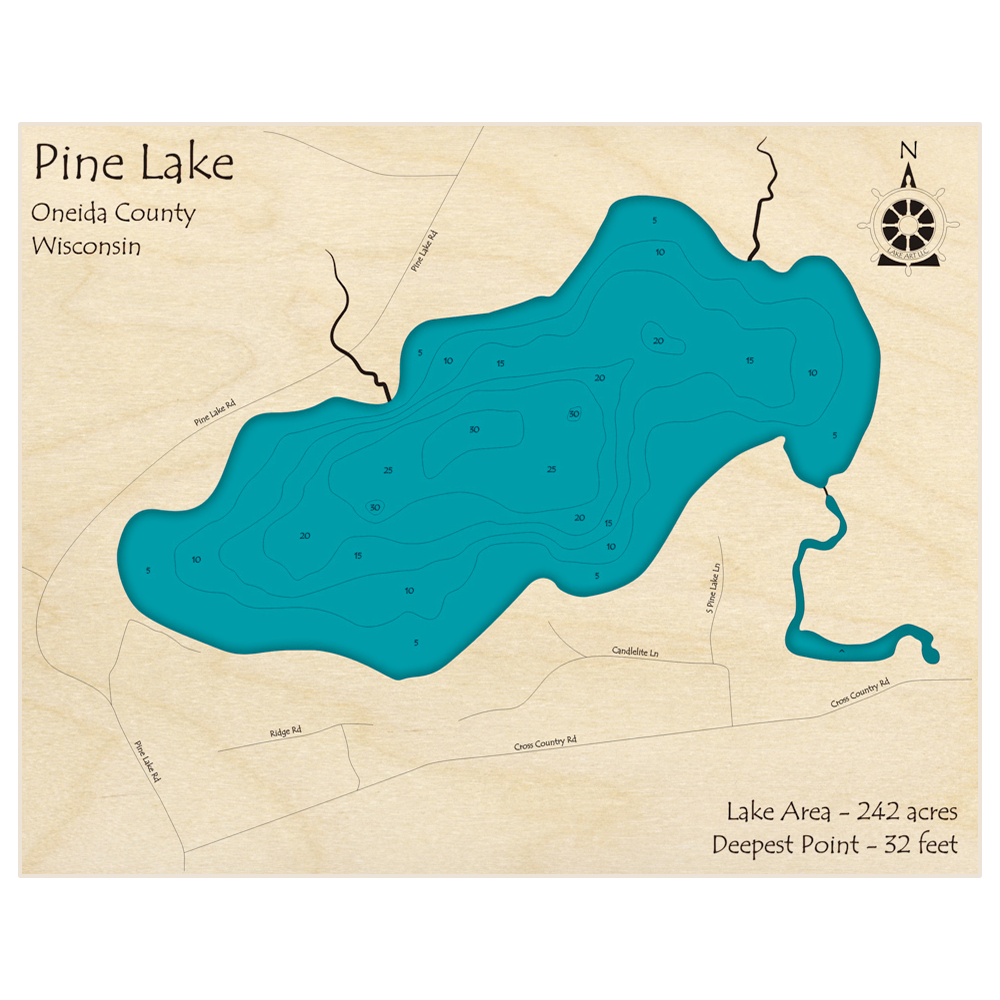 Bathymetric topo map of Pine Lake (Near Rhinelander) with roads, towns and depths noted in blue water