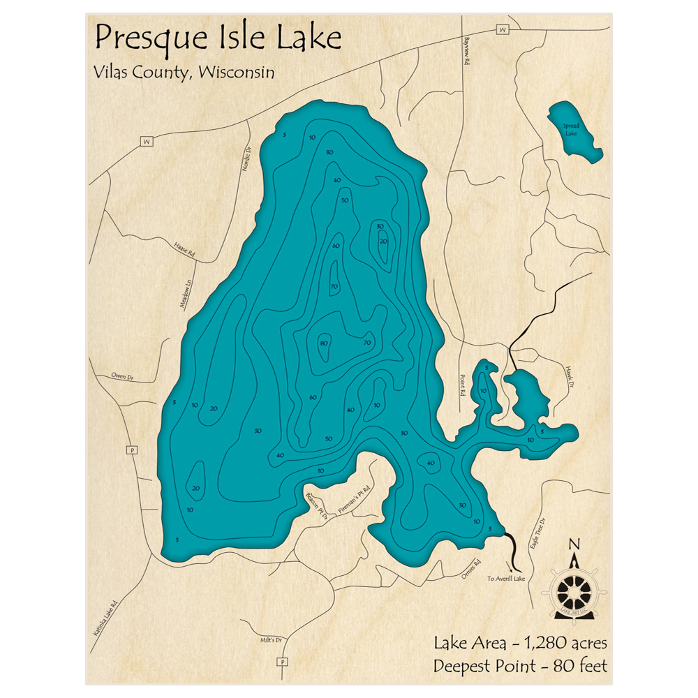 Bathymetric topo map of Presque Isle Lake with roads, towns and depths noted in blue water