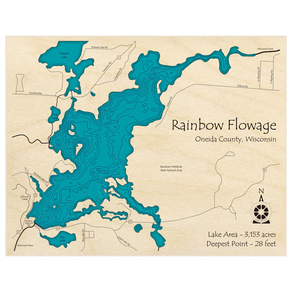 Rainbow Flowage 3D Custom Wood Map – Lake Art LLC