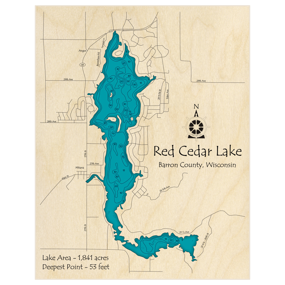 Bathymetric topo map of Red Cedar Lake with roads, towns and depths noted in blue water