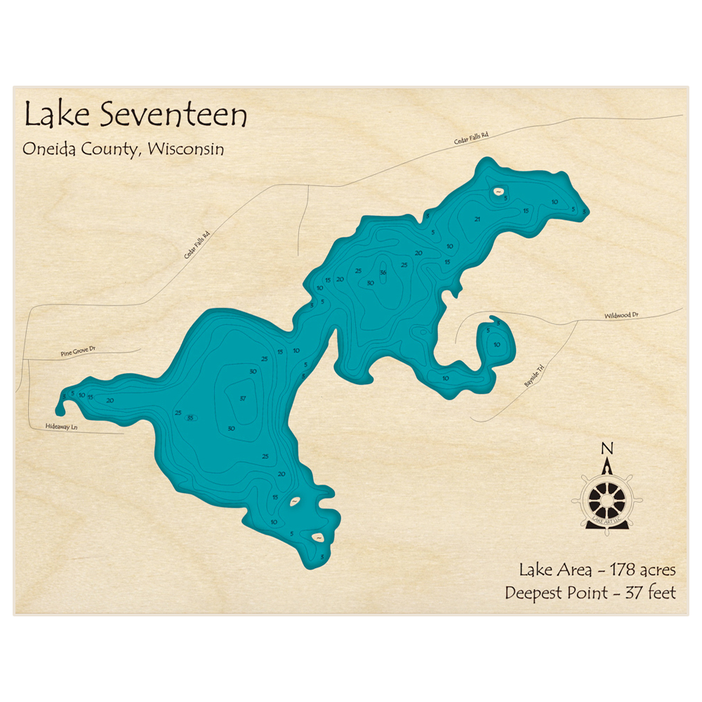 Bathymetric topo map of Lake Seventeen with roads, towns and depths noted in blue water