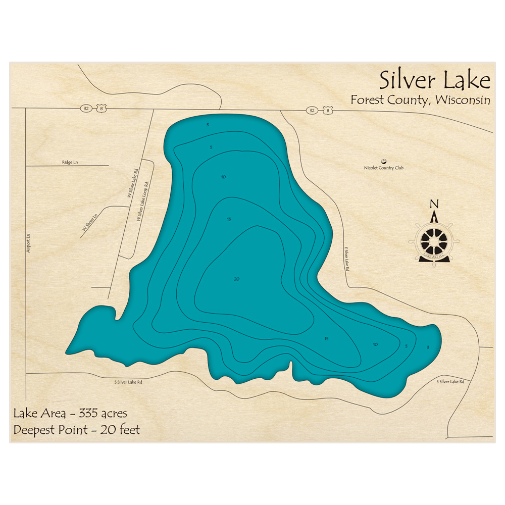 Bathymetric topo map of Silver Lake with roads, towns and depths noted in blue water