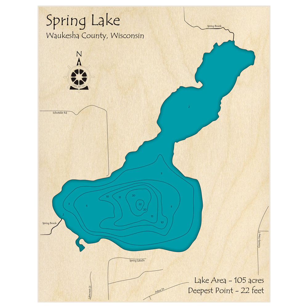 Bathymetric topo map of Spring Lake with roads, towns and depths noted in blue water