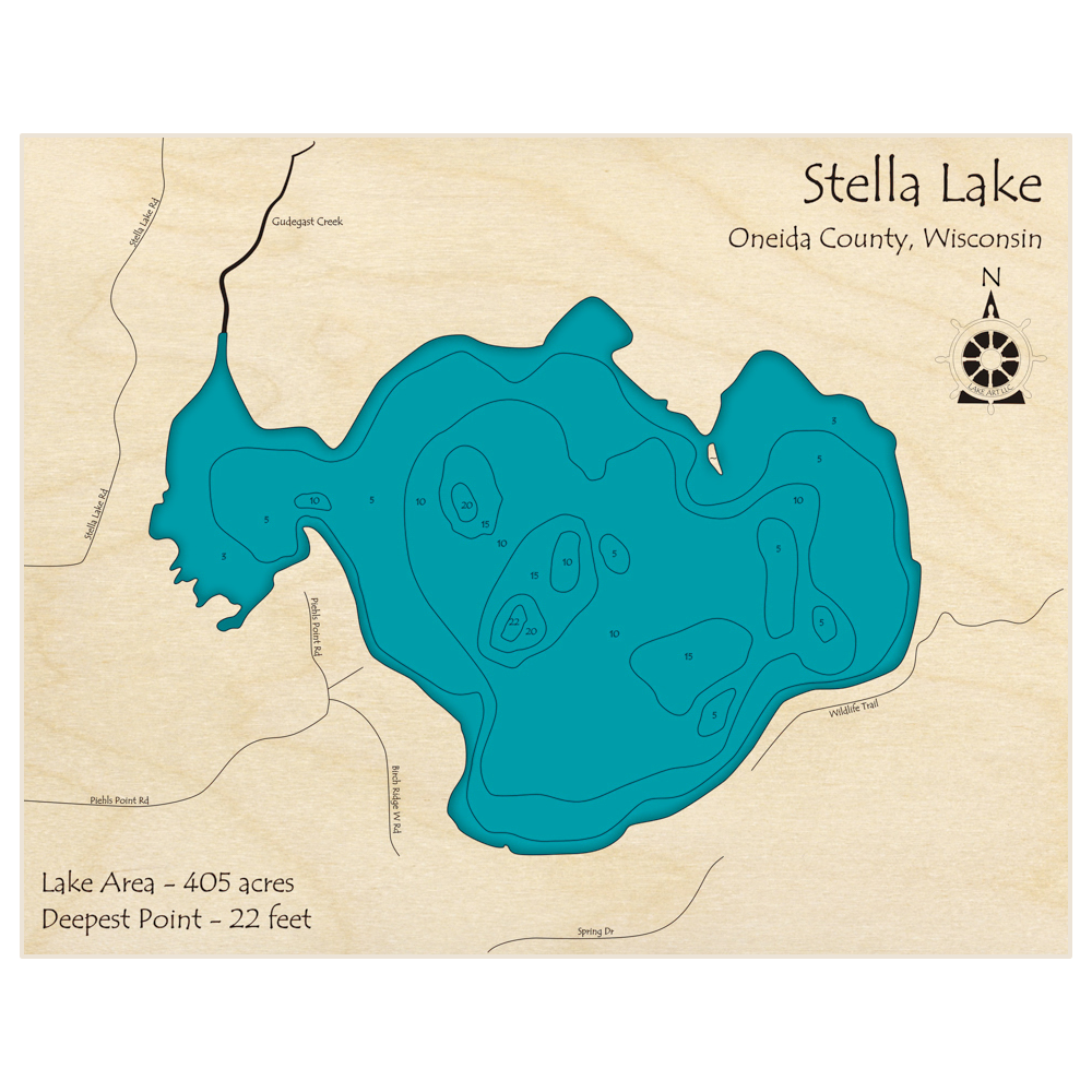 Bathymetric topo map of Stella Lake with roads, towns and depths noted in blue water