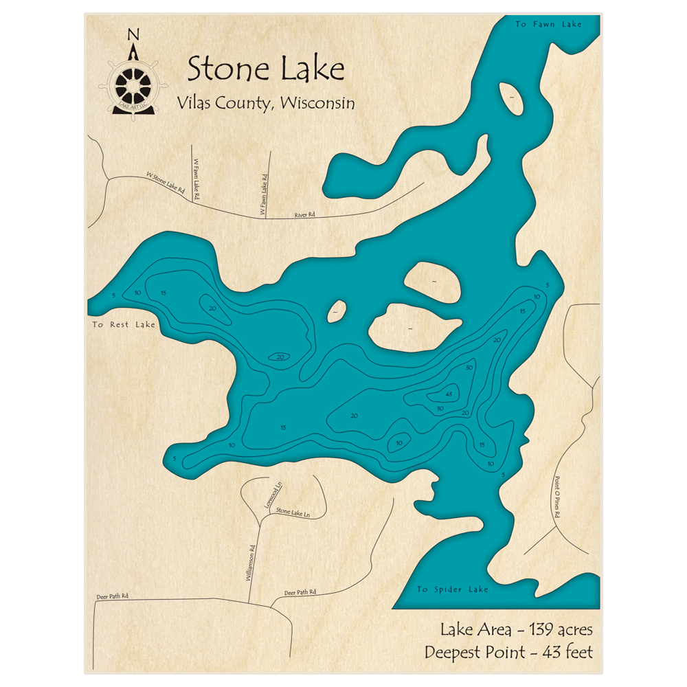 Bathymetric topo map of Stone Lake with roads, towns and depths noted in blue water