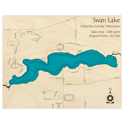 Bathymetric topo map of Swan Lake with roads, towns and depths noted in blue water