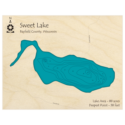 Bathymetric topo map of Sweet Lake with roads, towns and depths noted in blue water