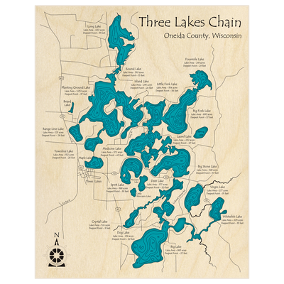 Bathymetric topo map of Three Lakes Chain with roads, towns and depths noted in blue water