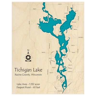 Bathymetric topo map of Tichigan Lake with roads, towns and depths noted in blue water