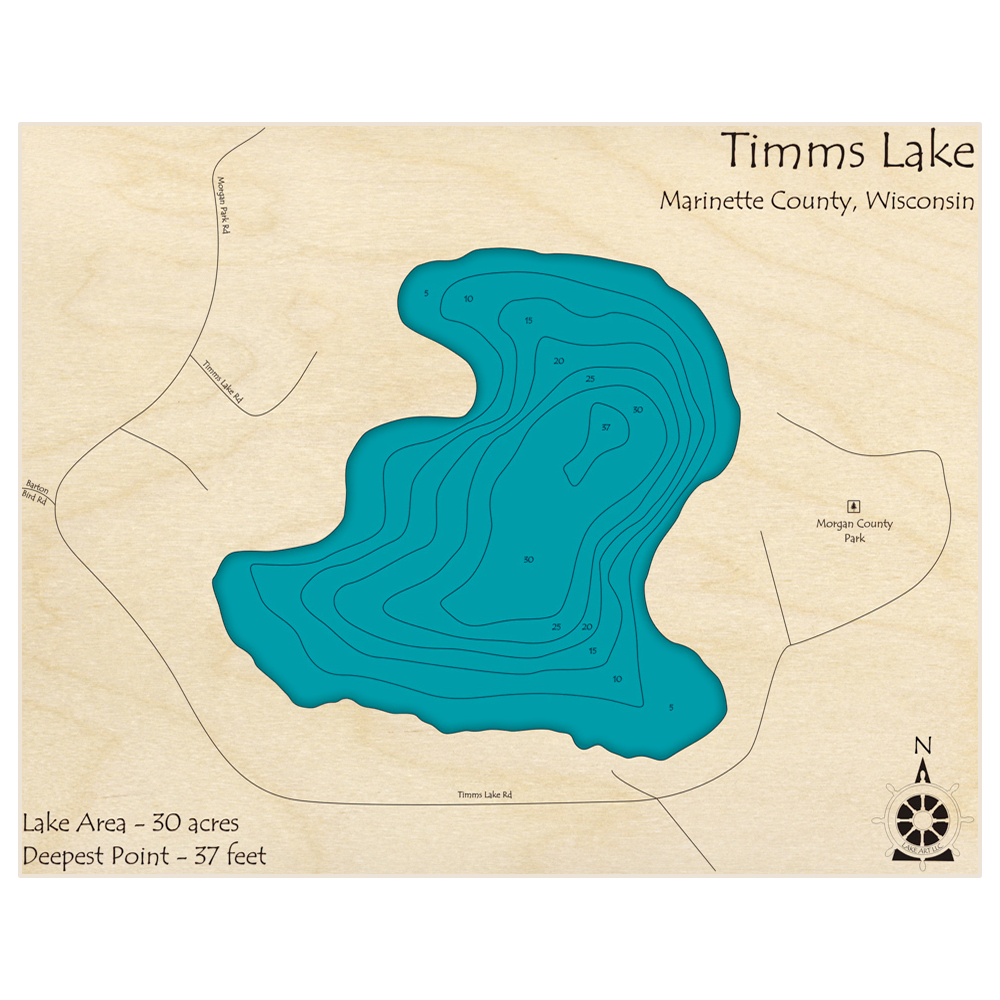 Bathymetric topo map of Timms Lake with roads, towns and depths noted in blue water