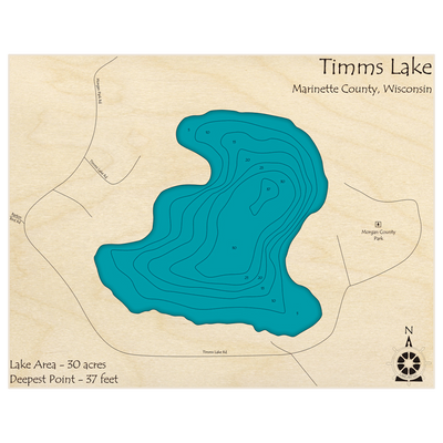 Bathymetric topo map of Timms Lake with roads, towns and depths noted in blue water