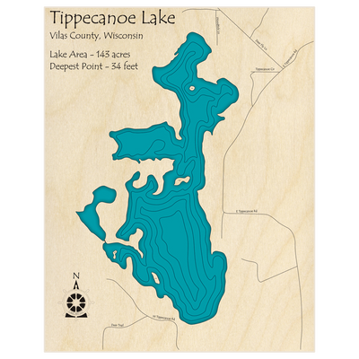 Bathymetric topo map of Tippecanoe Lake  with roads, towns and depths noted in blue water