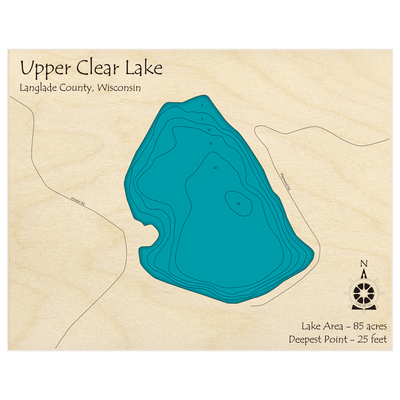 Bathymetric topo map of Upper Clear Lake with roads, towns and depths noted in blue water