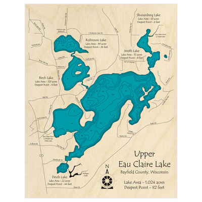 Bathymetric topo map of Upper Eau Claire Lake with roads, towns and depths noted in blue water