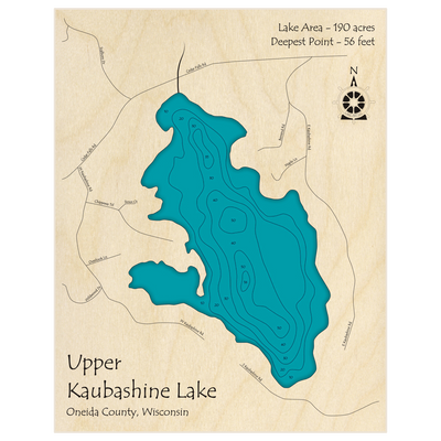 Bathymetric topo map of Upper Kaubashine Lake with roads, towns and depths noted in blue water