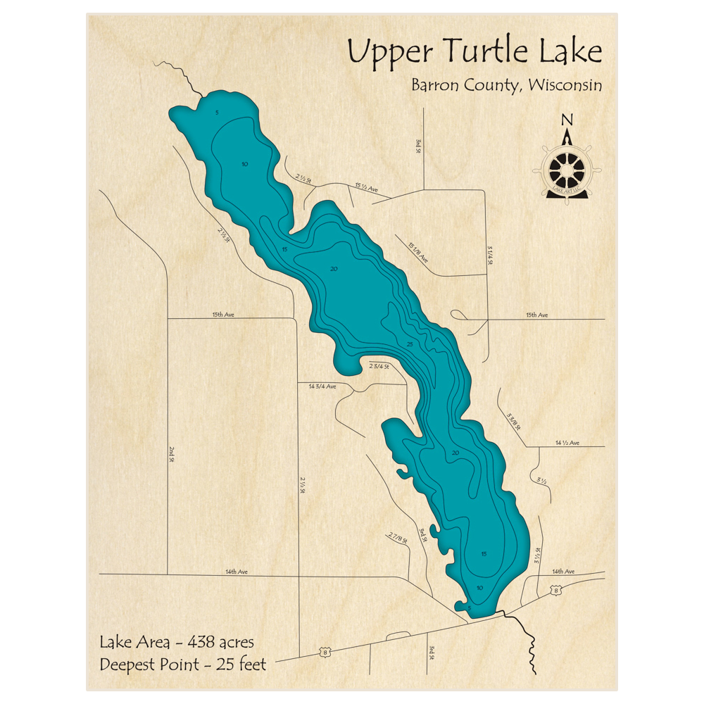 Bathymetric topo map of Upper Turtle Lake with roads, towns and depths noted in blue water