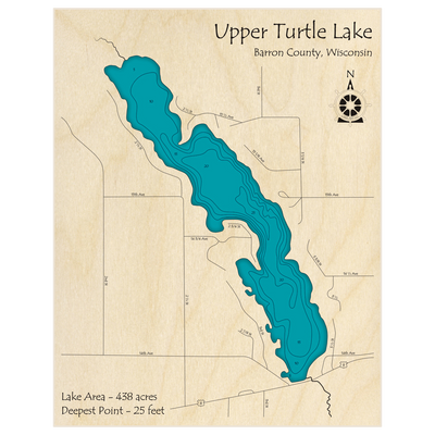 Bathymetric topo map of Upper Turtle Lake with roads, towns and depths noted in blue water