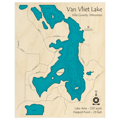 Bathymetric topo map of Van Vliet Lake with roads, towns and depths noted in blue water