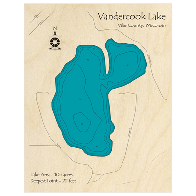 Bathymetric topo map of Vandercook Lake with roads, towns and depths noted in blue water