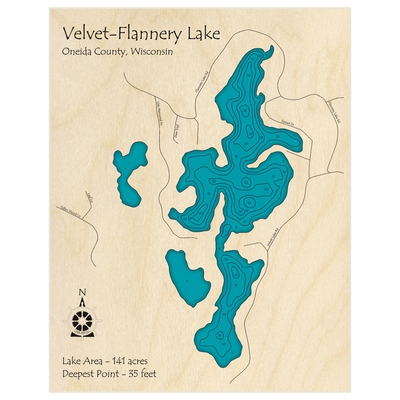 Bathymetric topo map of Velvet-Flannery Lake with roads, towns and depths noted in blue water