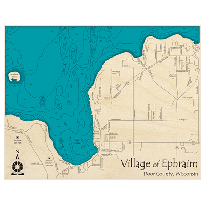 Bathymetric topo map of Village of Ephraim (Eagle Harbor) with roads, towns and depths noted in blue water