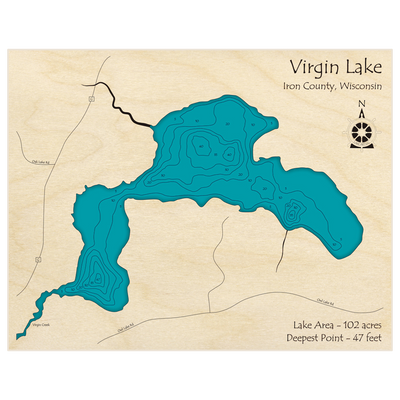 Bathymetric topo map of Virgin Lake with roads, towns and depths noted in blue water