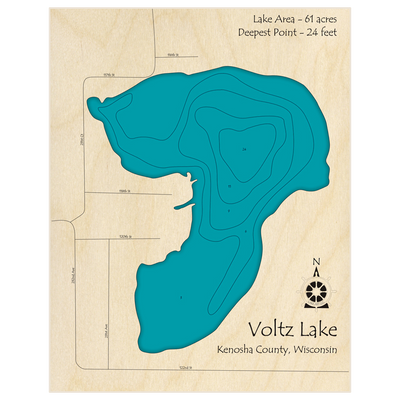 Bathymetric topo map of Voltz Lake with roads, towns and depths noted in blue water