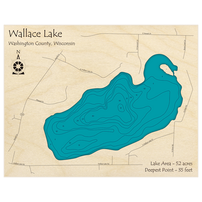 Bathymetric topo map of Wallace Lake with roads, towns and depths noted in blue water