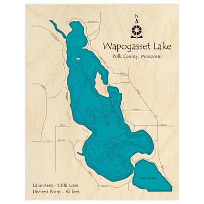 Bathymetric topo map of Wapogasset Lake with roads, towns and depths noted in blue water