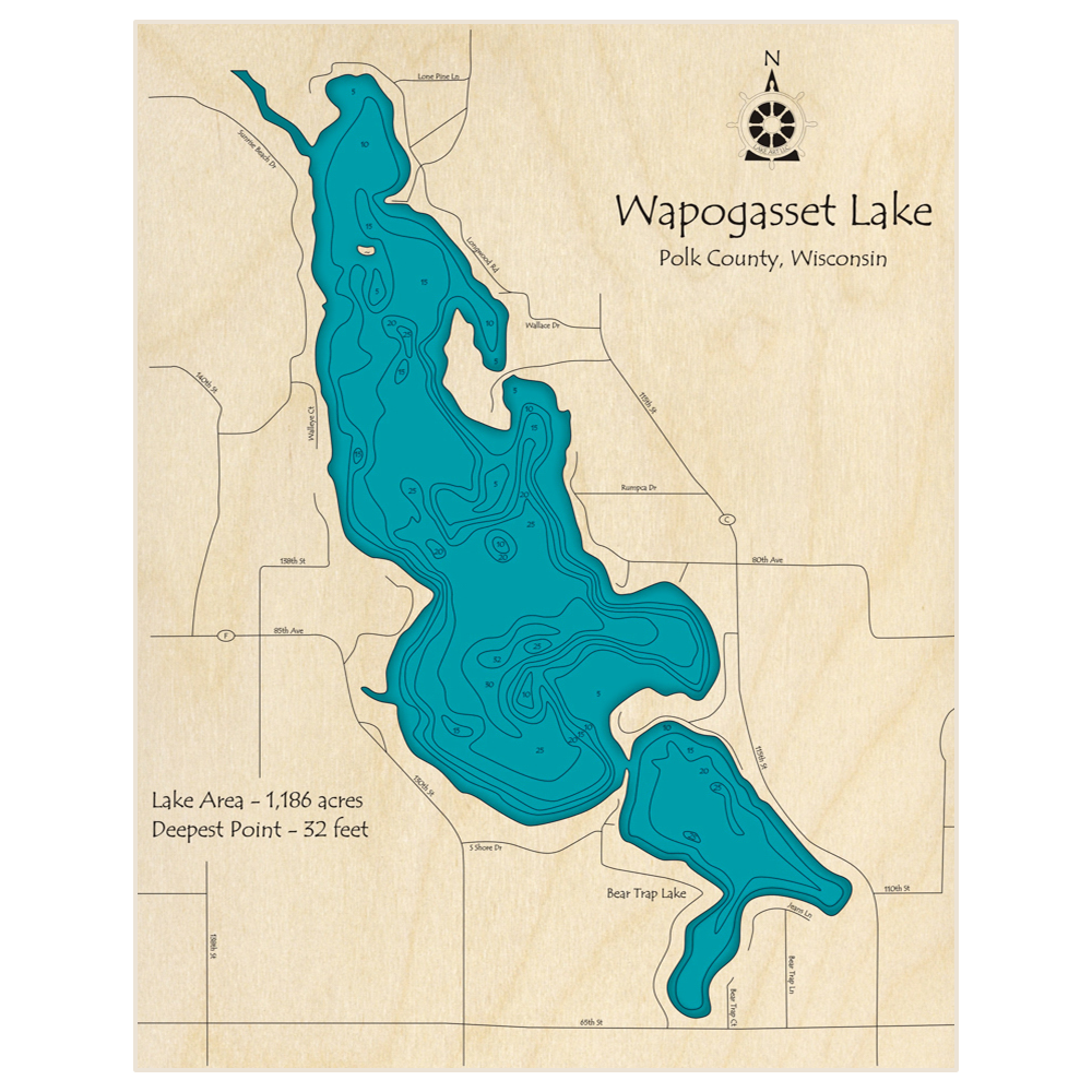 Wapogasset Lake w Bear Trap Lake 3D Custom Wood Map – Lake Art LLC