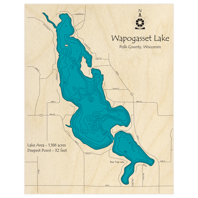 Bathymetric topo map of Wapogasset Lake with Bear Trap Lake with roads, towns and depths noted in blue water