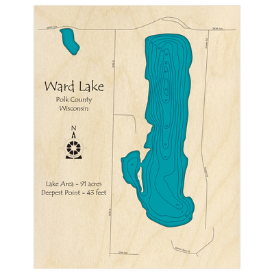 Bathymetric topo map of Ward Lake with roads, towns and depths noted in blue water