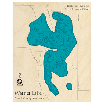 Bathymetric topo map of Warner Lake with roads, towns and depths noted in blue water