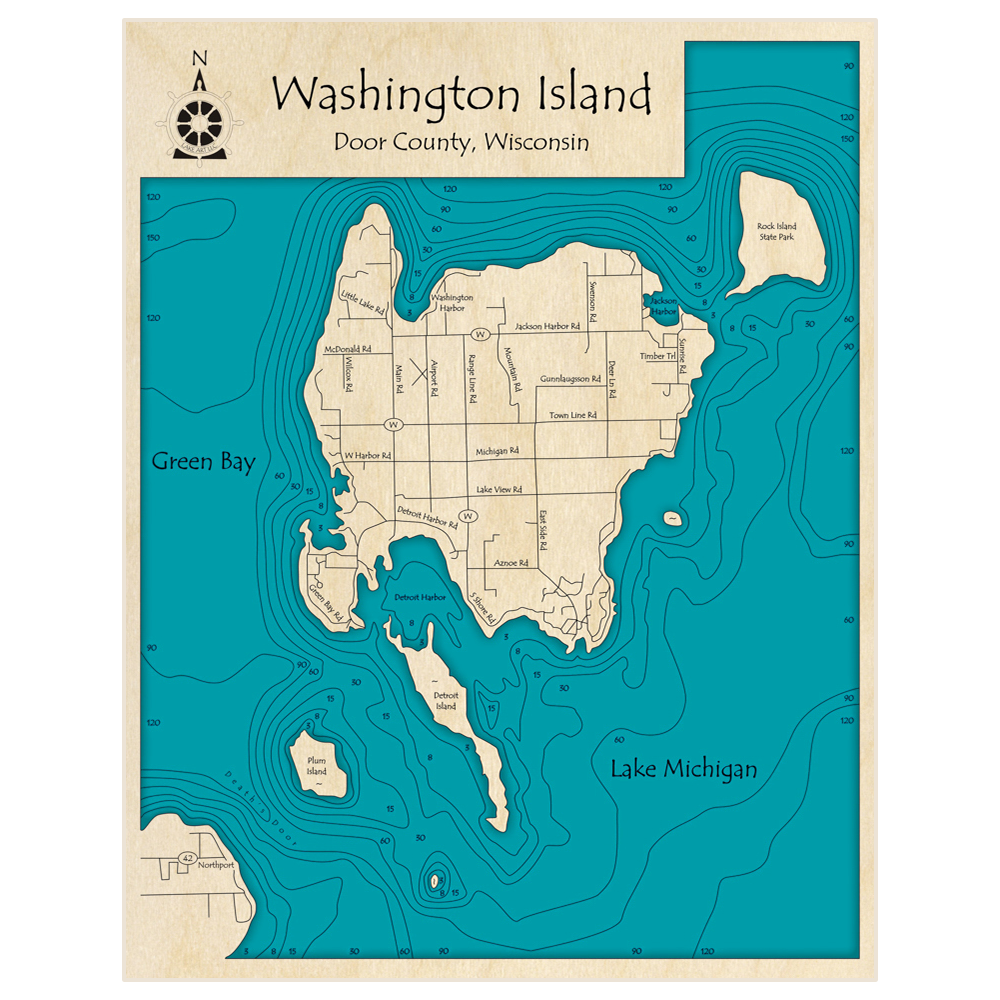 Bathymetric topo map of Washington Island with roads, towns and depths noted in blue water