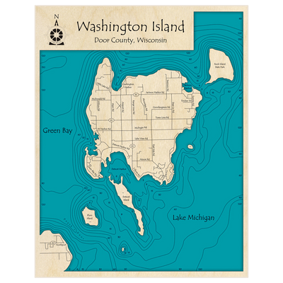 Bathymetric topo map of Washington Island with roads, towns and depths noted in blue water