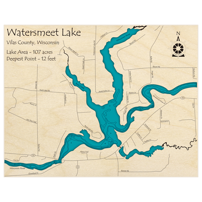 Bathymetric topo map of Watersmeet Lake with roads, towns and depths noted in blue water