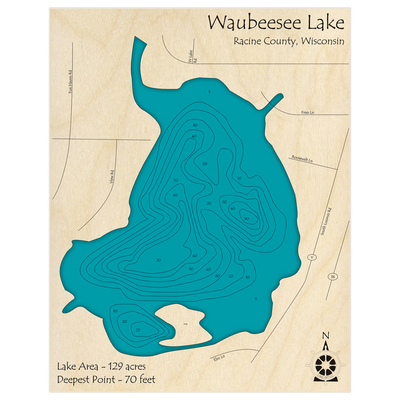 Bathymetric topo map of Waubeesee Lake with roads, towns and depths noted in blue water